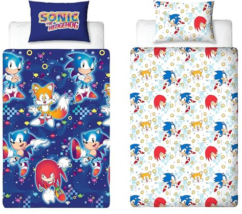 Sonic The Hedgehog Offizielles Bettwäsche-Set für Einzelbett, flüssiges Design, wendbar, 2-seitig, inkl. passendem Kissenbezug, Gaming-Einzelbett-Set, Blau mit Schwanz und Knöcheln