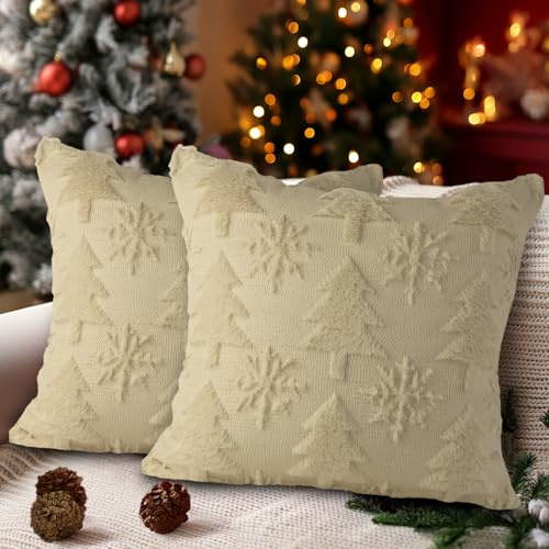 Lanpn 2 Stück Winter Kissenbezug Weihnachten Kissenhülle 40x40 cm, Schneeflocke Schnee Flocke Dekorative Weihnachtskissenbezug 40 x 40 für Weihnachtsdeko Christmas Bettwäsche Sofa Decorations Beige