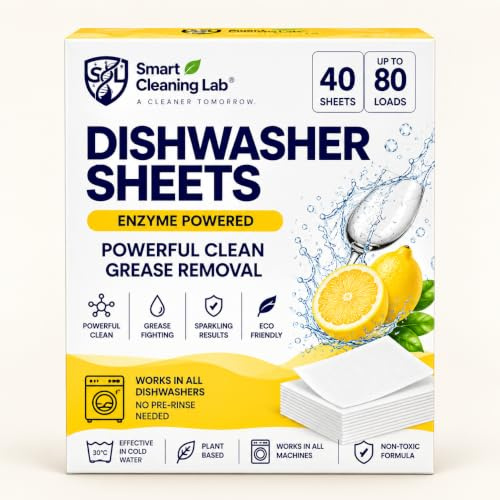 Dishwasher Detergent Sheets – 40 Sheets | Up to 80 Loads | Enzyme-Powered | Deep Grease Removal | Plastic-Free | No Residue | Fresh Lemon | Smart Cleaning Lab