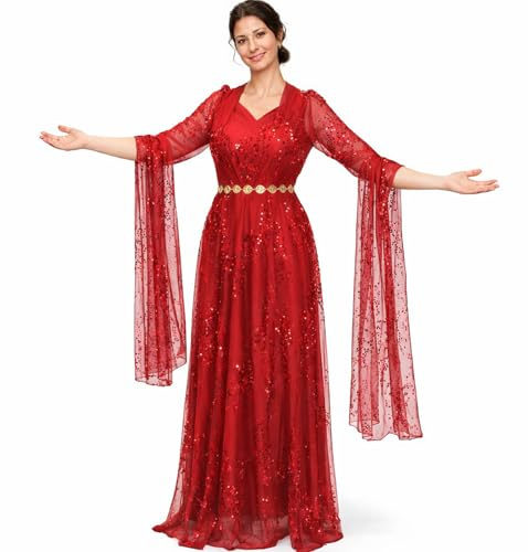 valueify Kurdish Damen Maxi-Kleid mit Pailletten und Taillenkette – Elegantes Abendkleid für Newroz, Hochzeiten & Partys