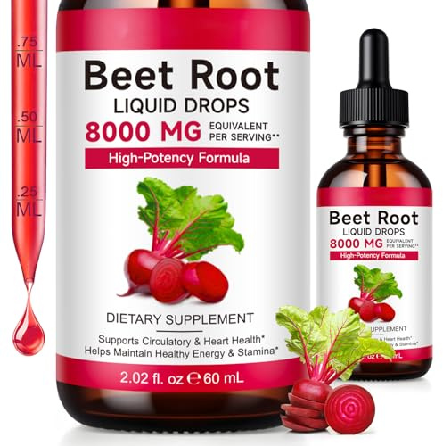 Organic Beetroot Drops | 8000mg Equivalent per Serving | Iron Supplemnet & Vitamin B12 - Heart & Circulation Support | Helps Maintain Healthy Energy & Stamina | Vegan, Alcohol-Free