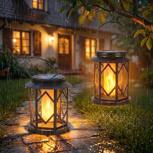 Ketom Solarlampen für Außen Hängend, Retro Solar Flammen Laterne | IP65 Wasserdicht Solar Laterne Outdoor Metall, Solarlaterne für Außen Stehend, für Garten Terrasse Balkon Festliche, 2 Stück