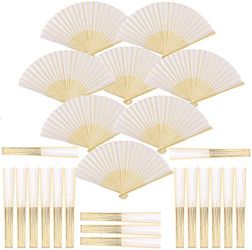 BOELLRUNO 25 Stück Fächer Hochzeit Weiß Seiden Bambus Stoff Fächer Set inkl. faltbar Klappfächer Hochzeit Stofffächer Dekofächer Handfächer Hand Fan Wedding Hochzeit Party Faltbar Taschenfächer Party