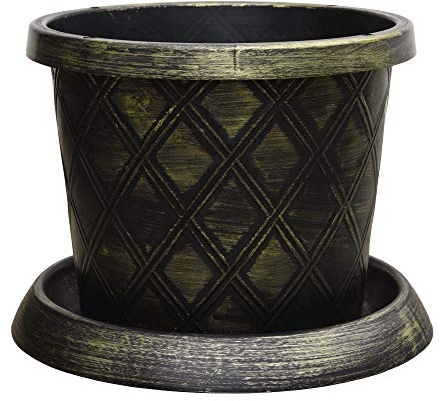 Outdoor Large Garden Patio Container & Saucer Stunning black and gold lattice effect Ideal for planting flower plugs shrub and vegetables 1 x 39cm Pot and Saucer by Thompson and Morgan