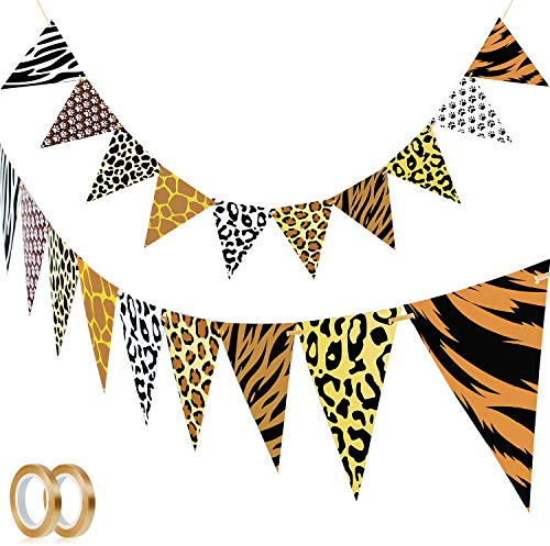 Boao 2 Stück Dschungel Safari Banner Tier Thema Bunting Banner Leoparden Muster und 2 Stück Seil für Baby Party Geburtstag Jahrestag Tier Party Dekoration (Leoparden Muster, 18 cm x 21 cm)