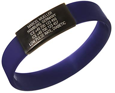 ICEstripe Notfall ID Armband Personalisierte Benutzerdefinierte Medizinische Alarm Armband mit Schwarz Edelstahlplatte inkl. Kostenlose Gravur nach Wunsch Sport ID (Navy Blau, 202)