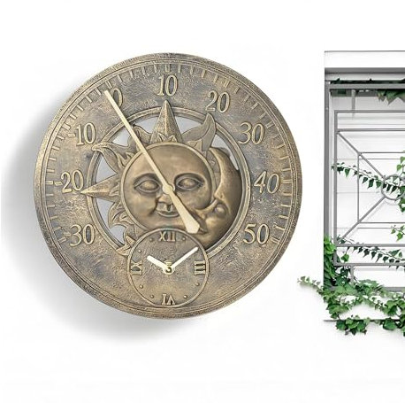 YORKING Outdoor Garden Thermometer Clock 30cm/12inch - Retro Large Vintage Sun Moon Wall Clock - Indoor Copper Effect Quartz Clock for Living Room