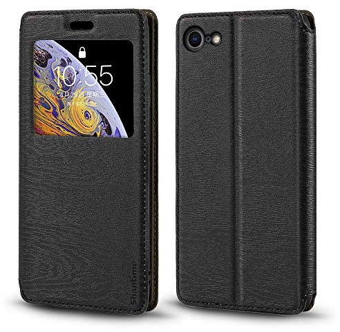Window Leather Case for iPhone SE 2020 - Black | 4.7 Elegant Viewable Window Design Clear Display Invisible Magnetic Cover with Card Slot and Kickstand