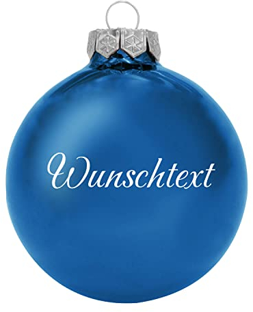 Deitert Weihnachtskugel mit Wunschtext Gravur, Ø 8cm, personalisierte Christbaumkugel aus Glas (glänzend), Individueller Weihnachtsbaumschmuck Namen oder Spruch, Wunschtext, blau