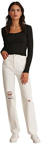 NA-KD Top Acanalado con Cuello Redondo Camisa Cami, Negro, XS para Mujer