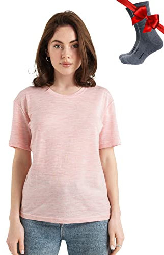 Merino.tech 100% Merino T Shirt Damen - Merinowolle Sport Wandern Thermoshirt Damen + Wandersocken (Small, Pink Heather Crewneck)