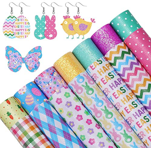 Whaline 14 Stück Oster-Kunstlederbögen, bunte Haseneier, Schmetterlinge, Muster, Kunstleder, Glitzer-Pailletten, Stoff, Basteln für Oster-Ohrringe, Haarschleifen, Urlaub, DIY-Geschenke, 21.9x16.3 cm