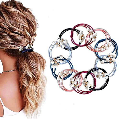Elastische Haargummis Set mit 18 Perlenhaarbändern Seilen Haarring Pferdeschwanzhalter Haarschmuck für Frauen Damen Mädchen DIY Frisur (6 Farben)