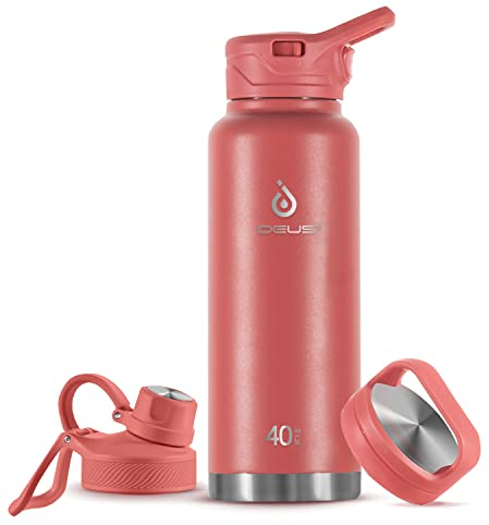 IDEUS Vacuum Insulated Water Bottle, Stainless Steel Double Wall Flask Metal Sports Canteen with Leak-Proof Screw Cap (Red, 40oz (1140ml))