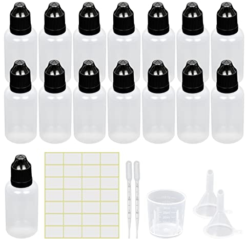 Flacons compte-gouttes vides en plastique - Bouteilles de voyage - Bouteilles doseuses avec bouchon de sécurité enfant - Entonnoir - Gobelet doseur - Étiquettes - Compte-gouttes (30 ml)