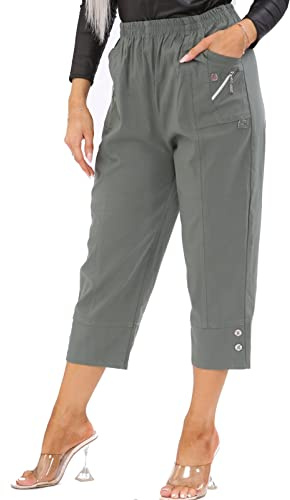 AFR Women Capri Trousers Cropped Pants Ladies 3/4 Three Quarter Length Stretch Pull On Elasticated UK Size 10-24 (Khaki, 16)