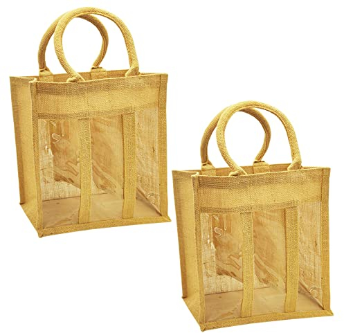 Reusable Wine Bag with Handles Natural Jute Champagne Liquor Gift Bags Single Double Triple Bottle Carrier Holder [Natural Triple, Set of 2]