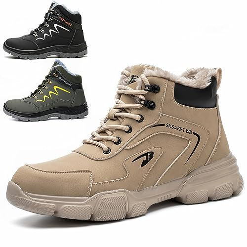 Scarpe Antinfortunistiche Invernali Leggere Uomo Donna Impermeabili Scarpe da Lavoro con Punta in Acciaio, con Calda Imbottitura, Stivali Sicurezza, Marrone, EU 41