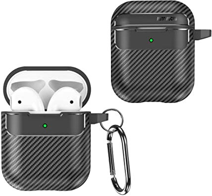 GOKEN Cover per Airpods 1/2, Silicone TPU Fibra di Carbonio Custodia, Protettiva Case con Moschettone, Antiurto Protezione Shell, LED Frontale Visibile, Nero