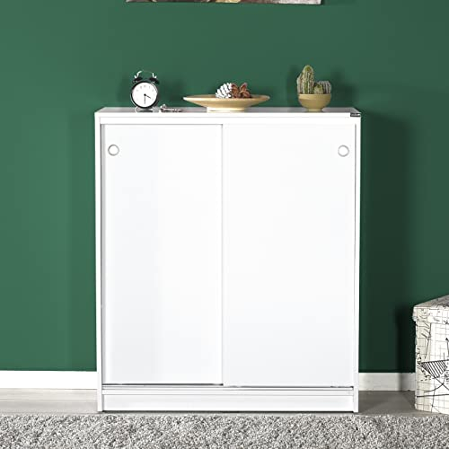 Buyqualia Armario bajo Puertas correderas con estantes Multiusos Zapatero estantería Oficina (White)