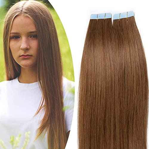 SEGO Tape Extensions Echthaar Haarverlängerung 20 Tressen/30 g Klebeband Band in Haarverlängerung Kleber Haarteile Hair Hellbraun#6 12(30cm)-20g