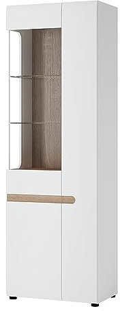 Lomadox Wohn-/Esszimmer Vitrinenschrank in weiß Hochglanz mit Trüffel Eiche Nb., B/H/T ca. 64/194,5/42 cm