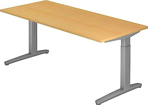 bümö manuell höhenverstellbarer Schreibtisch 180x80 in Buche, Gestell in Silber - PC Tisch höhenverstellbar & groß, höhenverstellbarer Tisch Büro, großer Computertisch verstellbar