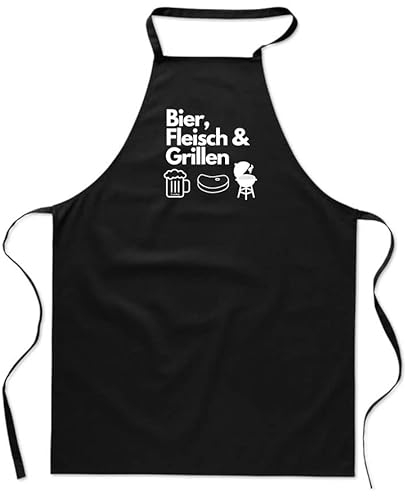 Grillschürze für Männer mit den Bier, Fleisch & Grillen - Baumwollschürze - Kochschürze als Geschenk für Männer zum Grillen - Barbecue BBQ Fleisch Sommer schwarz Unisize