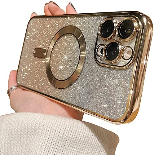 MINSCOSE Kompatibel mit iPhone 14 Pro Max, luxuriöse magnetische Glitzerbeschichtung, glitzernd, glänzender Stoßfänger mit Kameraschutz, kompatibel mit MagSafe für Frauen und Mädchen-Gold