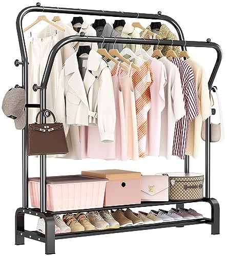 SMILOVII Kleiderständer, Freistehender Doppelruten Kleiderbügel für schlafzimmer Kleiderständer, Multifunktional Garderobenständer, Stabil Kleiderstange mit 8 Haken und 2 Schuhregal metall, schwarz