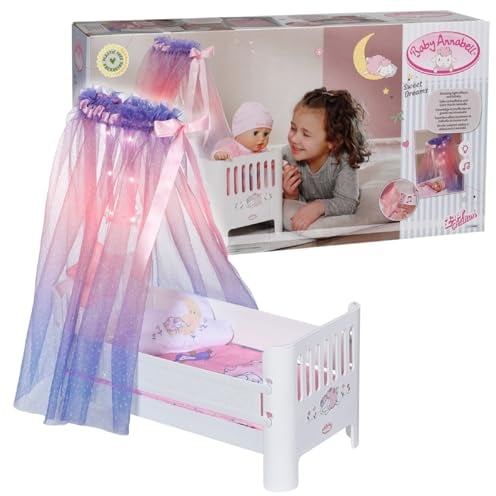 Baby Annabell, Puppenbett weiß, Baby Annabell Sweet Dreams Bett, Bett für Puppen mit Himmel, Leuchtsternen, Schlaflied, Matratze, Decke und Kissen, 710302, Zapf Creation