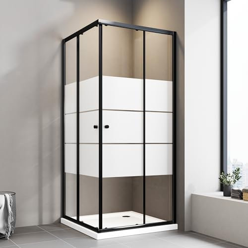 Duschkabine 75x90cm Schwarz Milchglas Eckeinstieg Schiebetür Duschabtrennung 5mm ESG Milchglas Streifen Höhe 185cm, LINKS & RECHTS MONTIERBAR