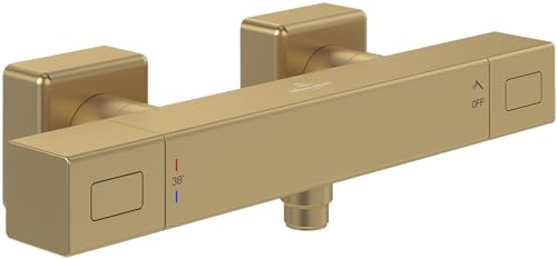 Villeroy & Boch Universal Taps & Fittings Duschthermostat, Duscharmatur mit Verbrühschutz und Sicherheitssperre bei 38°, Mischbatterie Dusche Aufputz, eckig, Brushed Gold