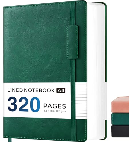 NIRMIRO Notizbuch A4 Liniert, Extra großes Tagebuch für Erwachsene Frauen und Männer, 320 Seiten Bullet Journal Buch mit 100 g/m² Tintenfestes Dickem Papier, Innentasche, 21,5cm x 28cm, Grün