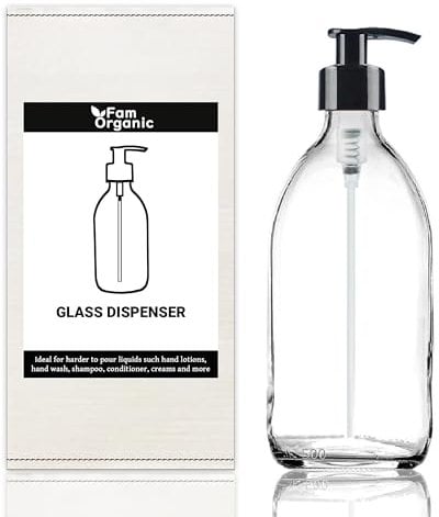 Fam Organic 300ml Clear Glass Bottle with Plastic Pump Refillable Soap Dispenser for Lotion, shampoo, conditioner, Body wash, Hand Wash. BPA Free - Eco Friendly (Clear 300ml - Black Pump - Pack of 1)