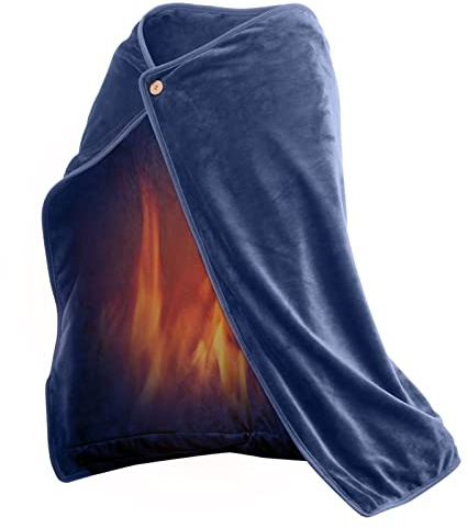 100x70cm Cordless USB Heated Blanket Shawl with Buttons, Soft Sherpa Berber Fleece Portable Battery Powered Electric Blanket Heated Throw,Wearable Portable Heating Warming Blanket for Car Office(Blue)