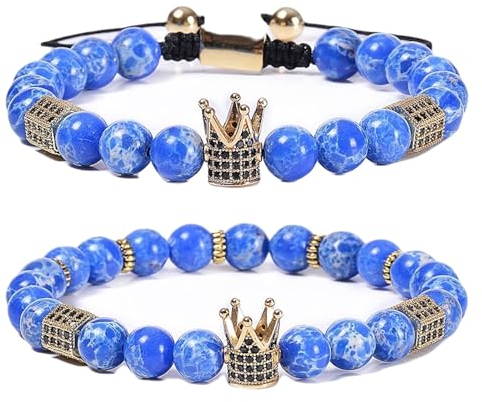 Wycian Männer Armband Blau, Lavastein Armband Damen Perlen 2er Kristall Metalllegierung Glatte Perlen mit Goldkrone 18cmx8mm Naturstein für Neujahr