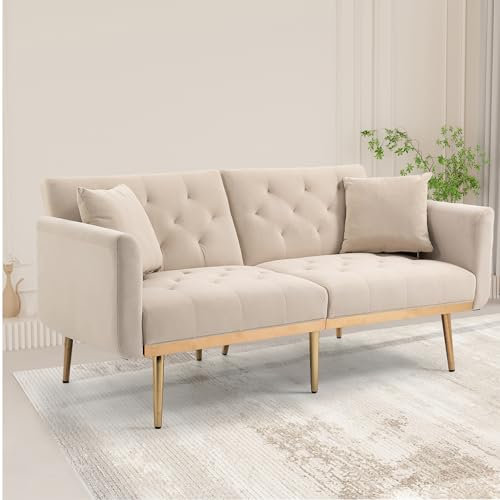 YESGIGA Soft Velvet 3-Seater Design Sofa, Convertible 3-Adjustable Sofa Bed, Sturdy Metal Leg Support, Suitable for Multiple scenarios Living Room, Bedroom (Beige)