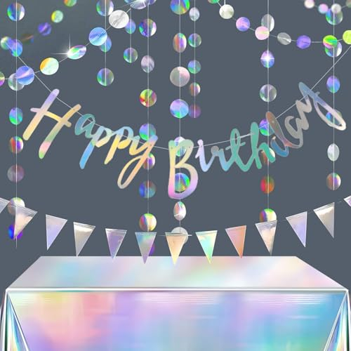 Irisierende Geburtstag Deko Happy Birthday Girlande Folie Silber Wimpelkette Schillernd Circle Banner Metallic Luftschlangen Holografisch Geburtstagsdeko Iridescent