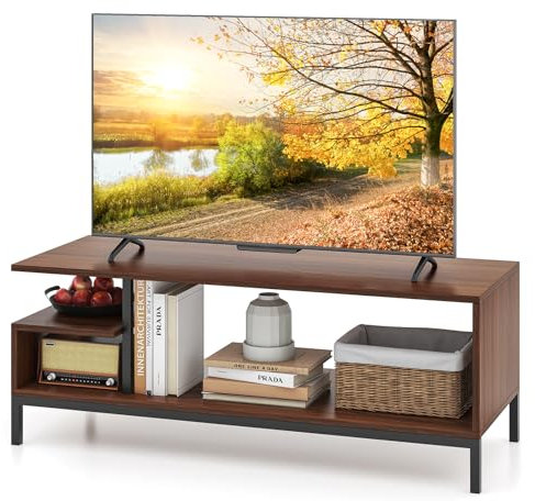 COSTWAY TV Stand for TVs up to 48 Inches, Industrial TV Cabinet Media Entertainment Center with Open Storage Shelves, Metal Frame Wooden TV Unit Console Table for Living Room Bedroom (Walnut)