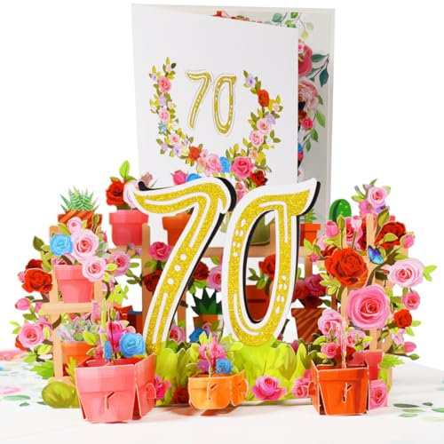 CNLITIHEKA Karte zum 70. Geburtstag, Pop Up Karten zum 70. Geburtstag, Grußkarten zum 70. Blumengeburtstag, 70. Popup-Jubiläumskarte, Geschenkkarte zum Geburtstag mit Notiz und Umschlag.