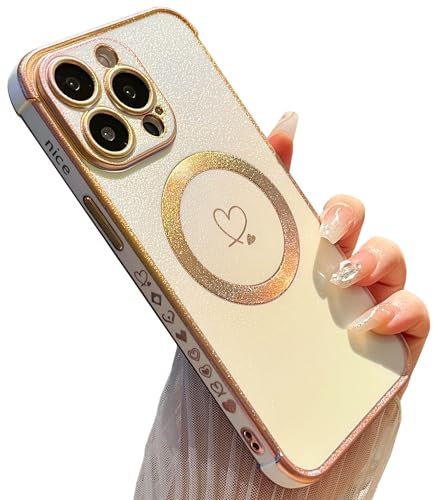 ZTOFERA Magnetic Case for iPhone 14 Pro Max, [Compatible with MagSafe] Luxury Fluorescent Iridescent Matte Silicone Case with Cute Love Heart Pattern Plated Rim Shockproof Cover, Iridescent White