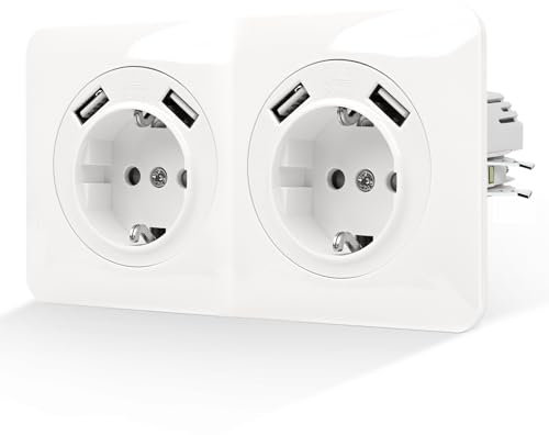 CNBINGO USB Doppelsteckdose Unterputz mit Krallen - Zweifach Schuko Steckdose mit USB-A (Max 2.1Amp total) - 16 Amp Schutzkontakt Wandsteckdose mit PC-flammhemmende Materialien - reinweiß
