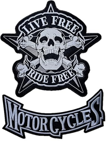 Set 2 Aufnäher Totenkopf auf Stern Live Free Ride Free + MOTORCYCLES - Biker Patch - Skull Schädel auf Stern für Chapter und Biker für Jacke und Weste Motorrad (Set weiß/schwarz)