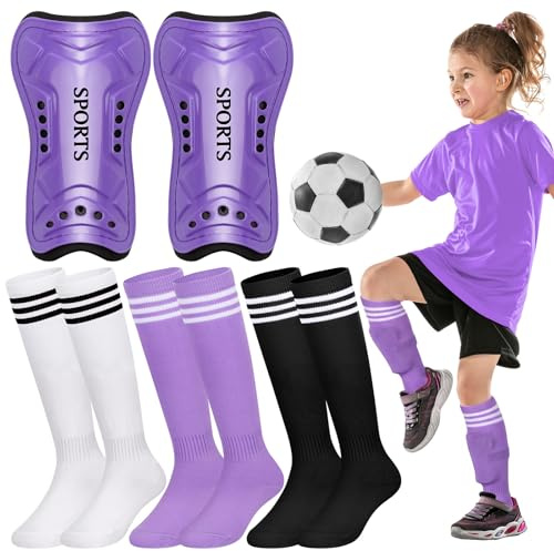 Liliful 4-teiliges Fußball-Schienbeinschoner-Set für Mädchen, Kinder, Jugendliche, inklusive 1 Schienbeinschoner und 3 Sportsocken, schützende, leichte Ausrüstung, Beinpolster, Ausrüstung für 3–15