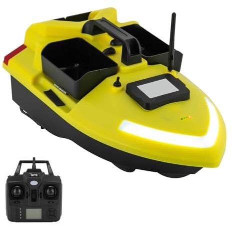 GPS Futterboot, 500M Köderboot mit Fernsteuerung/Suchscheinwerfer/Ladegerät unb 12000mAh Lithium-Batterie - Tragfähigkeit 2 kg, Fischköder Boot für Angler (Gelb)