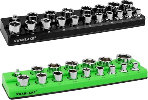 Magnetic Socket Organizer Set, 2-Piece 1/2 SAE & Metric Socket Holder, Drive Socket Trays, Storage Tool Box, Holding 35 Slots, Soft Rubber Covering Black Green Tools (Sockets not Included)