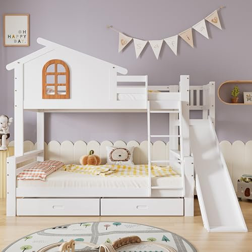 Ctastay Letti a Castello per Bambini 90x200 e 120x200 cm, con Finestra, Scale e Scivolo, Letto Familiare con 2 Cassetti, Rete a Doghe in Legno e Telaio in Legno Massiccio, Bianco.