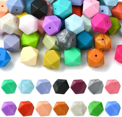 DanLingJewelry 50Pcs 17mm Hexagon Silicone Beads Bulk Colourful Rubber Large Polygonal Silicone Loose Beads for Keychain Lanyards Jewellery Making
