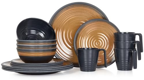 Melamin Camping Geschirr Set 4 Personen Stone Curry + 4 Tassen Stone Kaffetassen Becher Tafelgeschirr Picknick BBQ Kochgeschirr